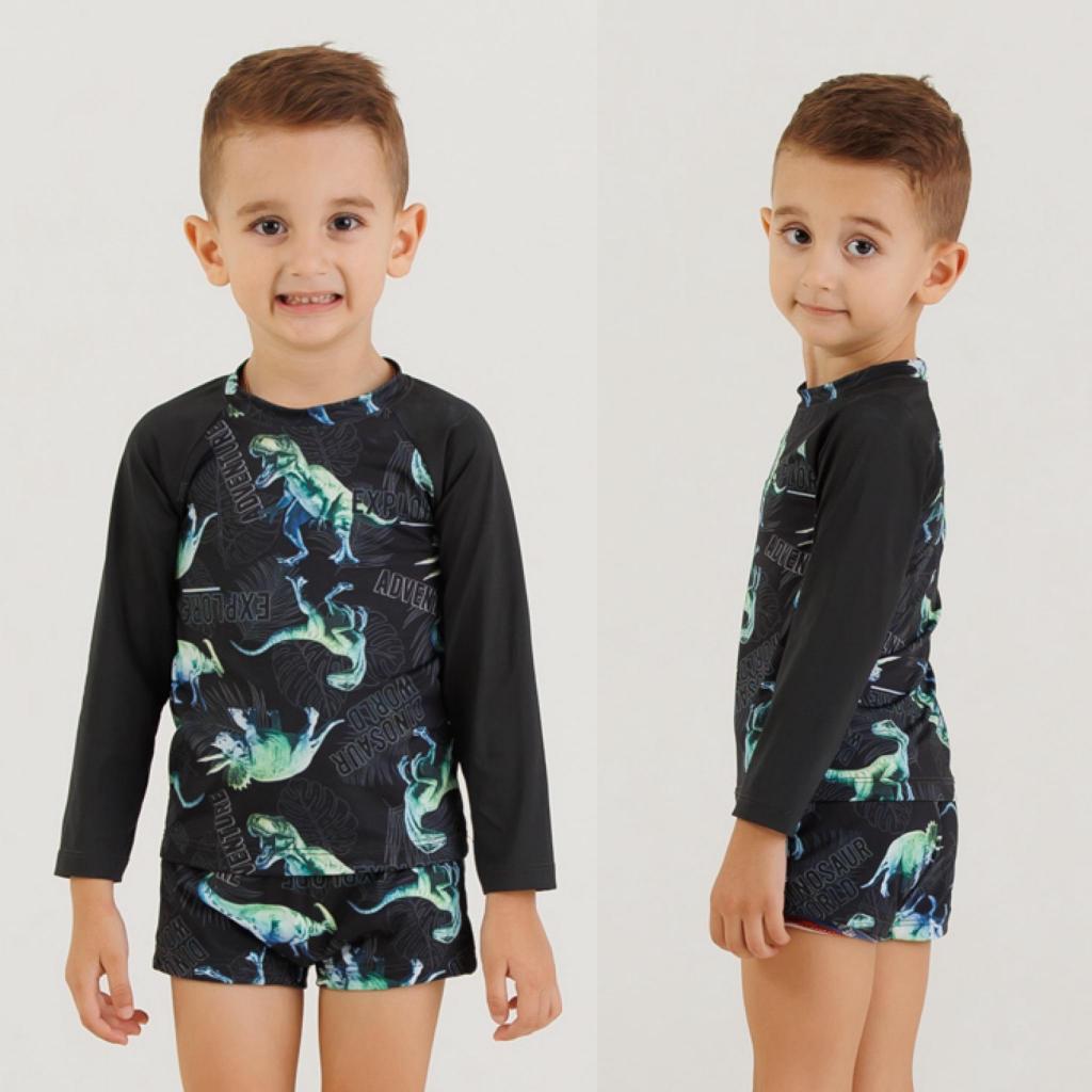 Roupa de Praia Infantil Menino Dino Blusa+Sunga com Proteção Solar