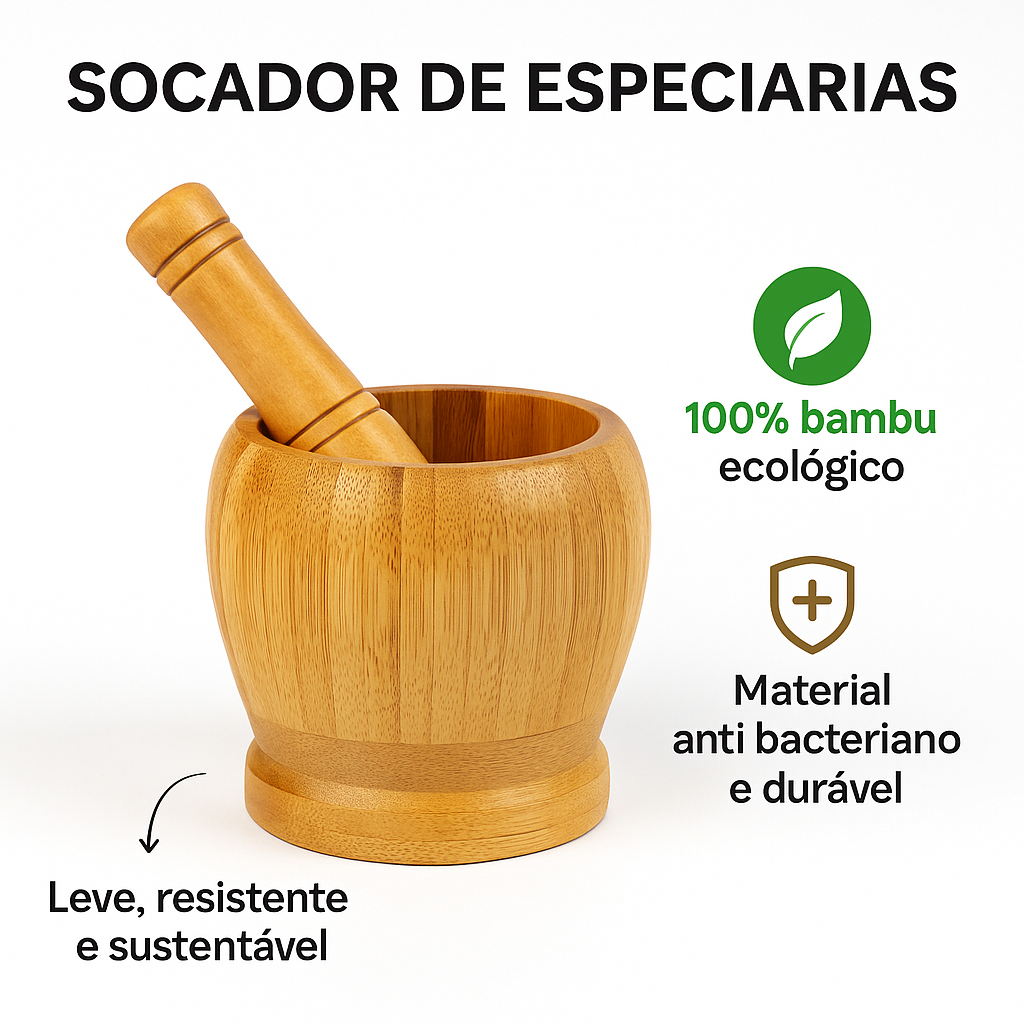 Pilão Socador Em Bambu Para Alho e Temperos Multiuso