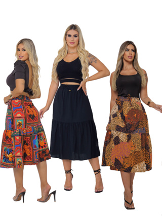 Saia Midi GODE Cintura Alta Rodada Em Viscolinho VERÃO em Oferta na Shopee