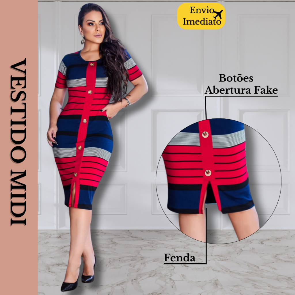 Vestido Feminino Midi Moda Jovem Cristã Botão Malha Premium em Oferta na Shopee