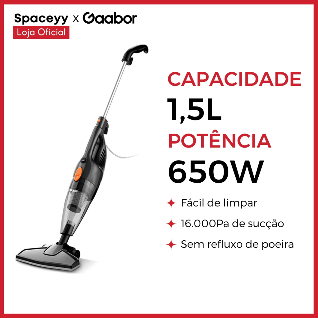 Aspirador de Pó Vertical Gaabor 2 em 1 Doméstico Leve Preto 16.000Pa Sucção Forte 127v/220...