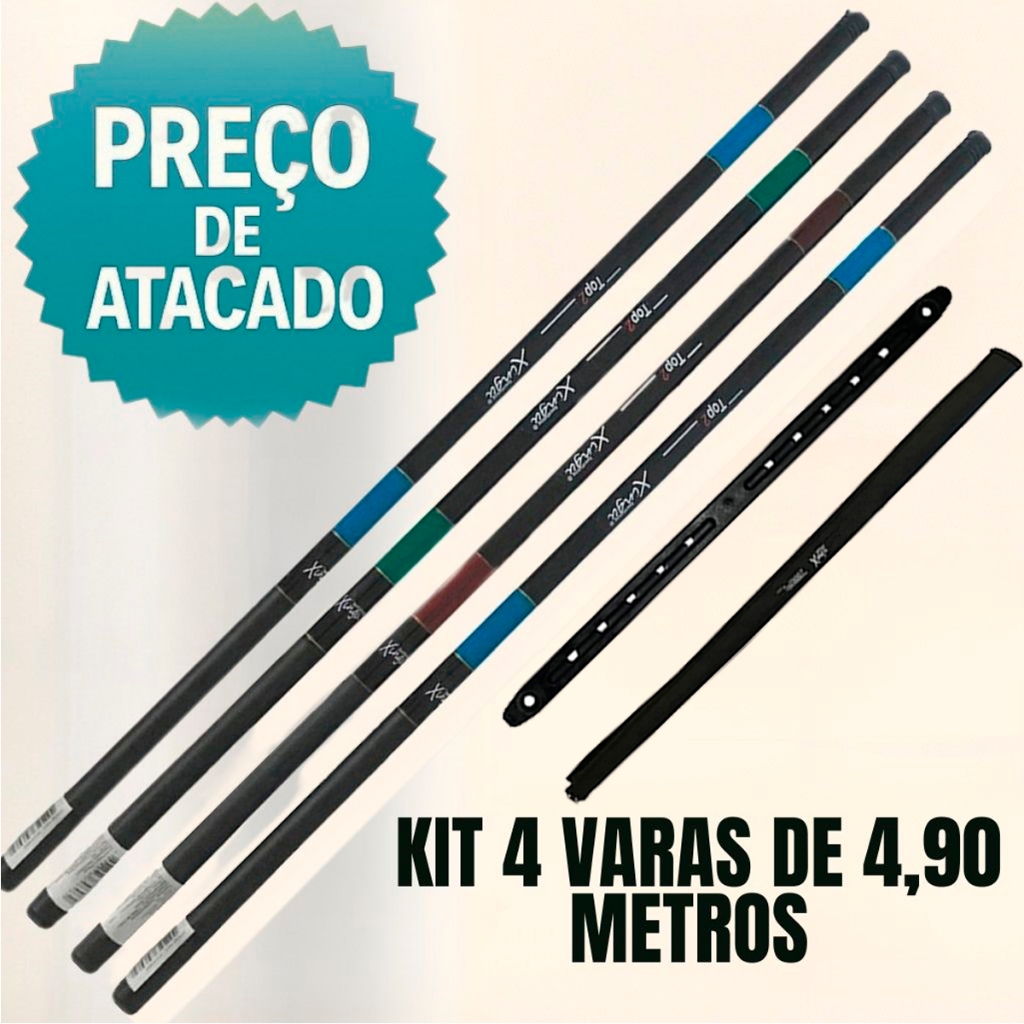 KIT PESCA COMPLETO 4 VARAS TELESCÓPICAS DE 4,00 METROS COM CAPA A ENROLADOR DE LINHA E PREÇO DE ATACADO