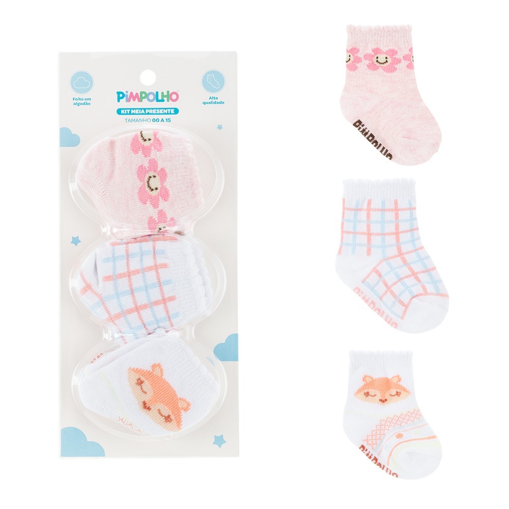 Kit Meia Infantil Pimpolho Semaninha Com 3 Pares Bebê Tamanho 0-15 Meses Menina Menino Sortidas