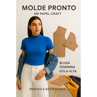 Molde Pronto Blusa Feminina Canelada Manga curta Gola Alta – Papel Craft Tamanhos PP ao GG em Oferta na Shopee