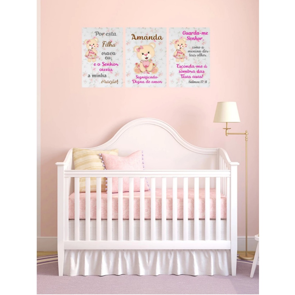 KIt quadro decorativo infantil- quarto - menina-bebê-quarto -personalizado com o nome do seu bebê- fundo flores- ursinha