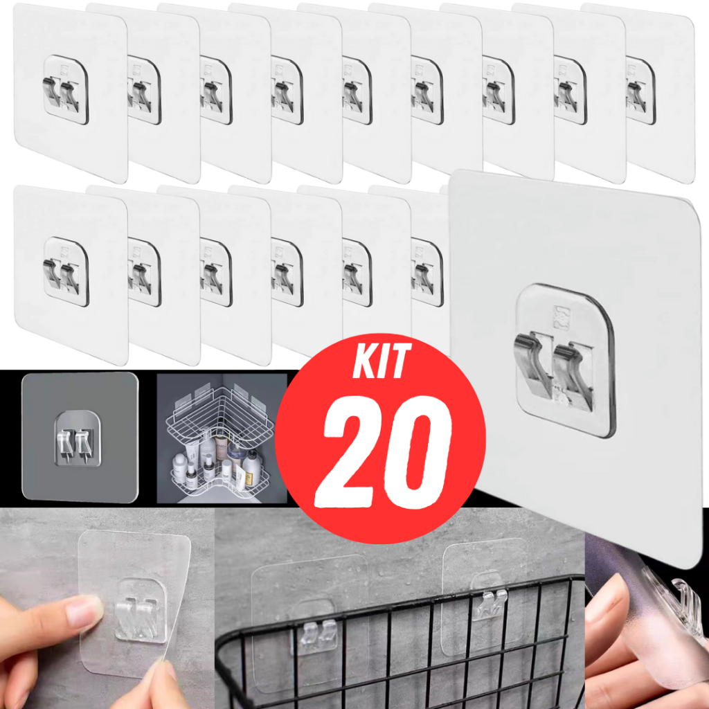 Imagem Kit 20 Ganchos De Parede Transparente Não Marcante Autoadesivo Suporte Para Prateleira de Encaixe