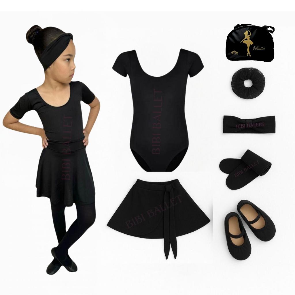 Kit Ballet Infantil e Juvenil - 7 itens/  *COM BOLSA* - (Saia de Transpassar e Collant com Manga) - PRETO