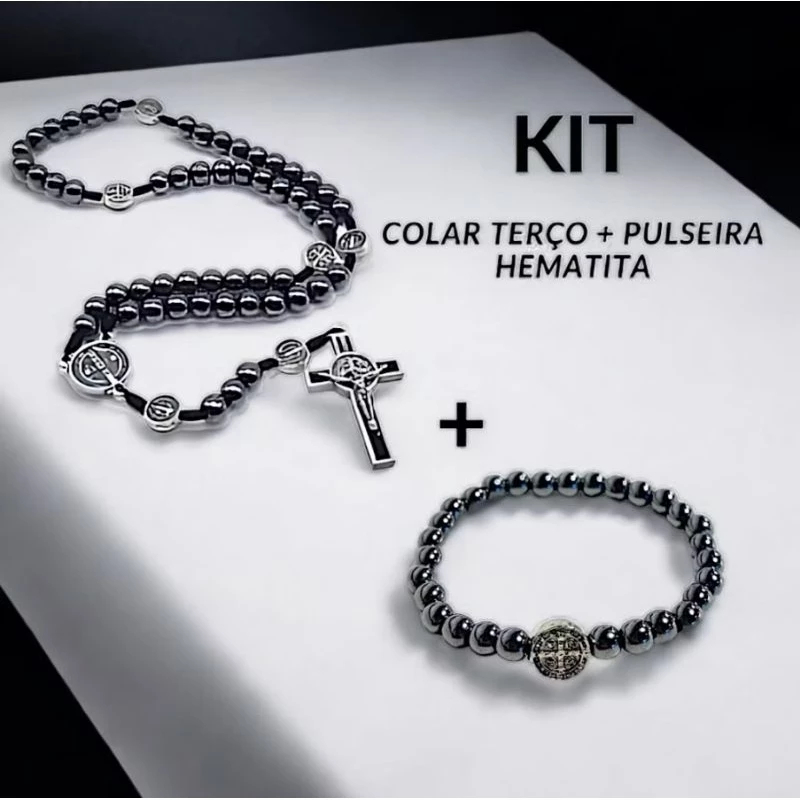 Kit São Bento Terço Hematita De Pescoço + Pulseira Hematita São Bento em Oferta na Shopee