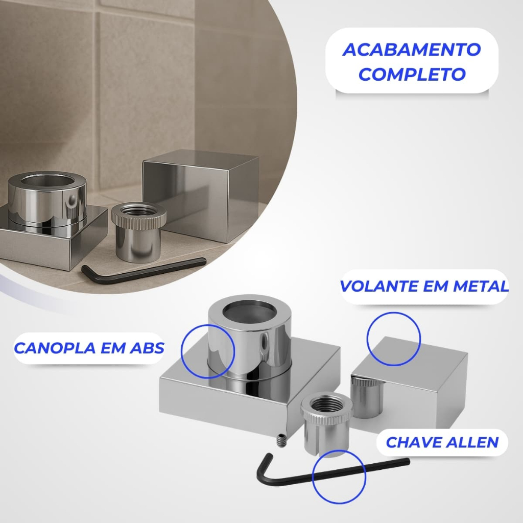 Acabamento em Metal Quadrado e canopla em abs Cromado para registro de deca de 1/2 e 3/4