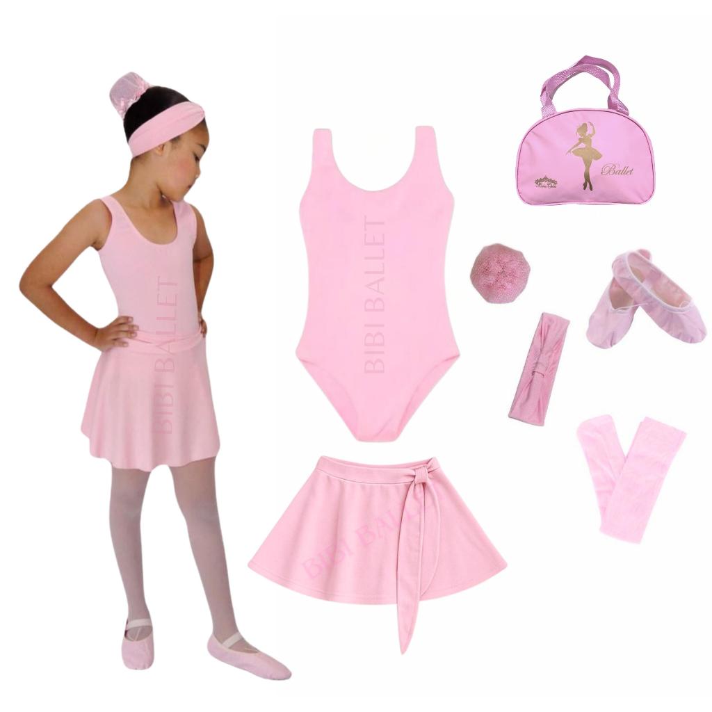 Kit Ballet Infantil 7 itens/ uniforme para dança completo *COM BOLSA* (ROSA) - Saia de Transpassar e Collant Regata
