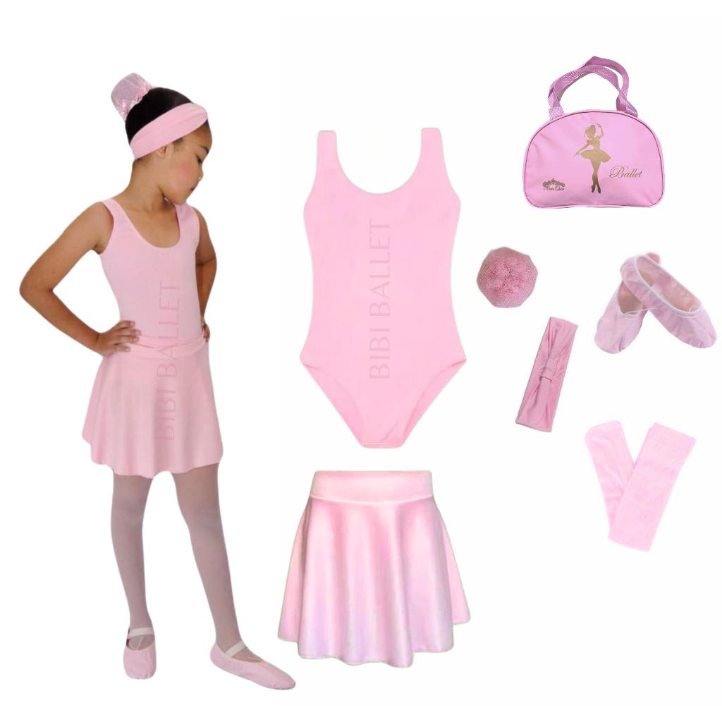 Kit Ballet Infantil 7 itens/ uniforme para dança completo *COM BOLSA* (ROSA) - Saia de Cós e Collant Regata