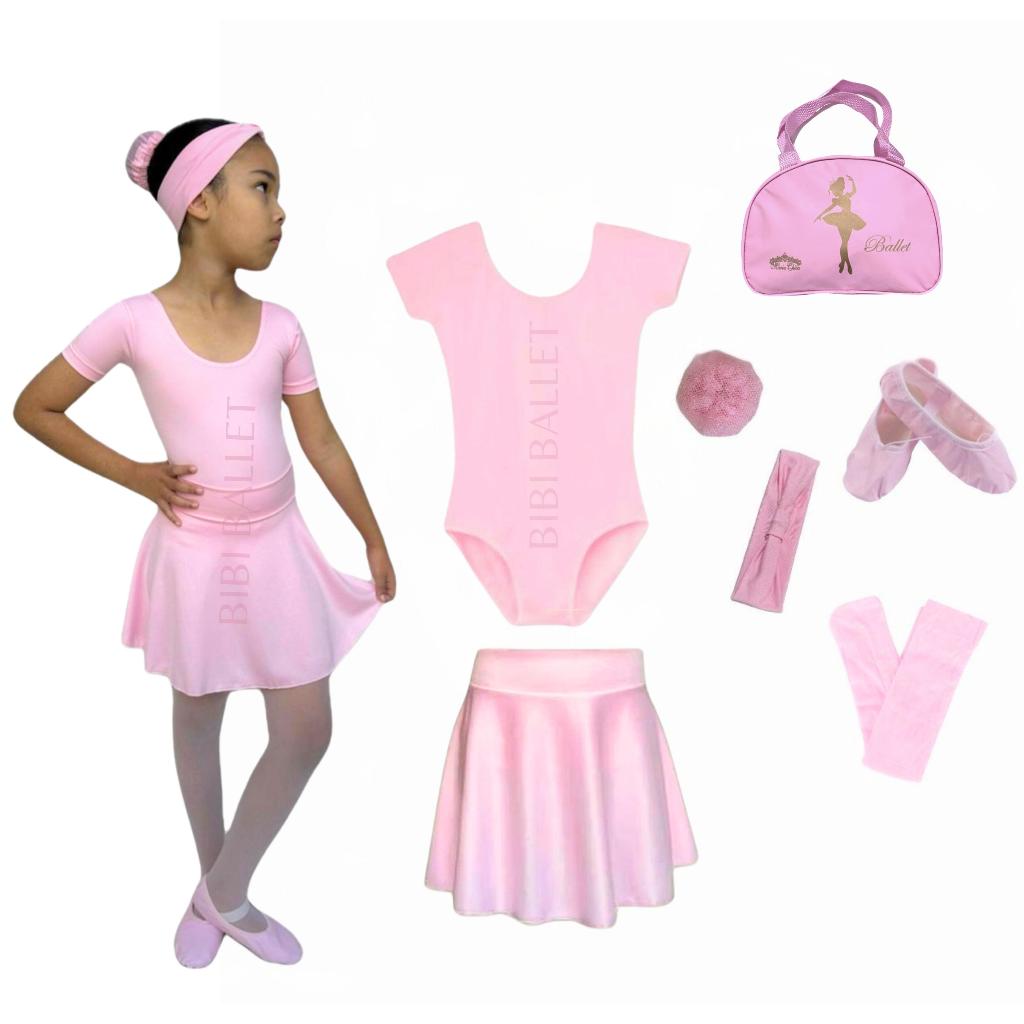 Kit Ballet Infantil 7 itens/ uniforme para dança completo *COM BOLSA* (ROSA) - Saia de Cós e Collant Com Manga
