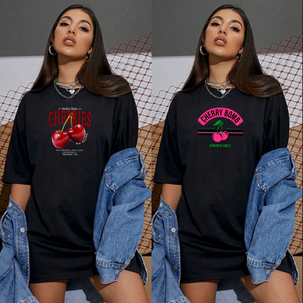 Kit 2 Blusas Femininas Cherry Academia Camiseta Oversized Fitness Cherries Lançamento