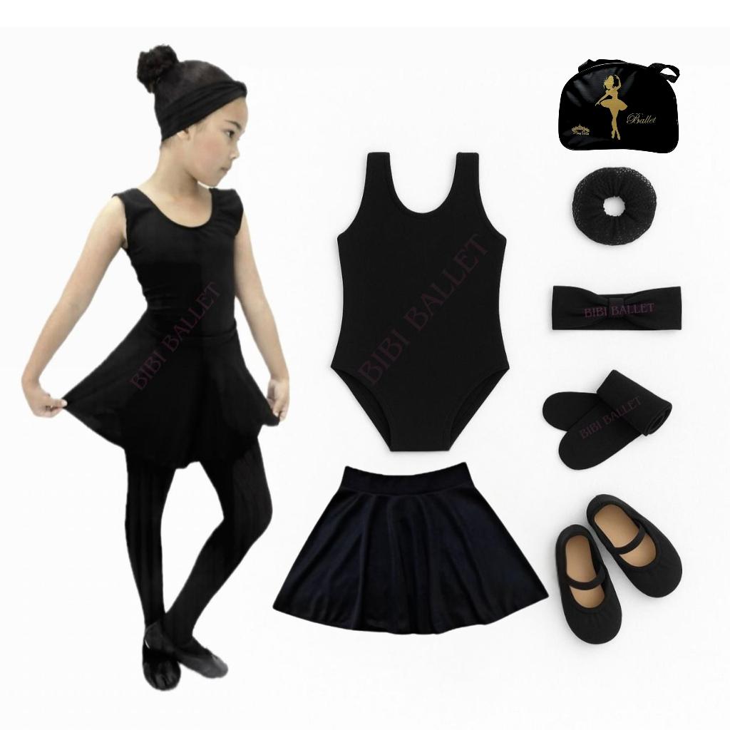 Kit Ballet Infantil e Juvenil - 7 itens/  *COM BOLSA* - (Saia de Cós e Collant Regata) - PRETO