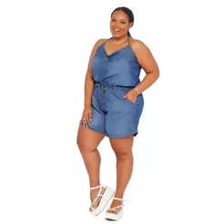 Macaquinho Jeans Feminino com Bolso Plus Size
