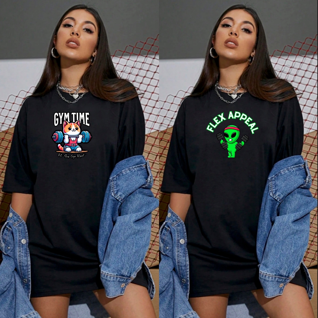 Kit 2 Blusas Femininas Oversized Camiseta Academia Gym Time Gato Bodybuilder Lançamento