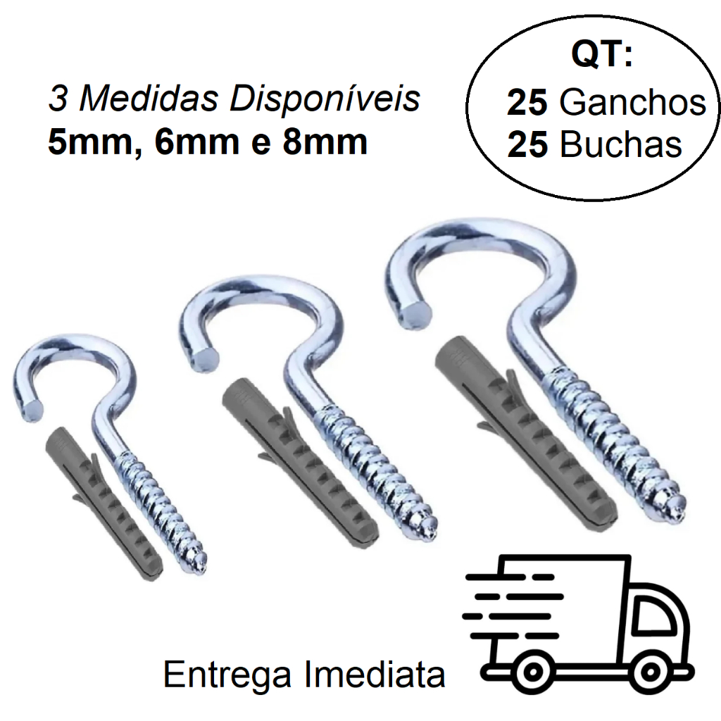 Parafuso Gancho Zincado 25 Peças + Bucha Comum 8mm 25 Peças