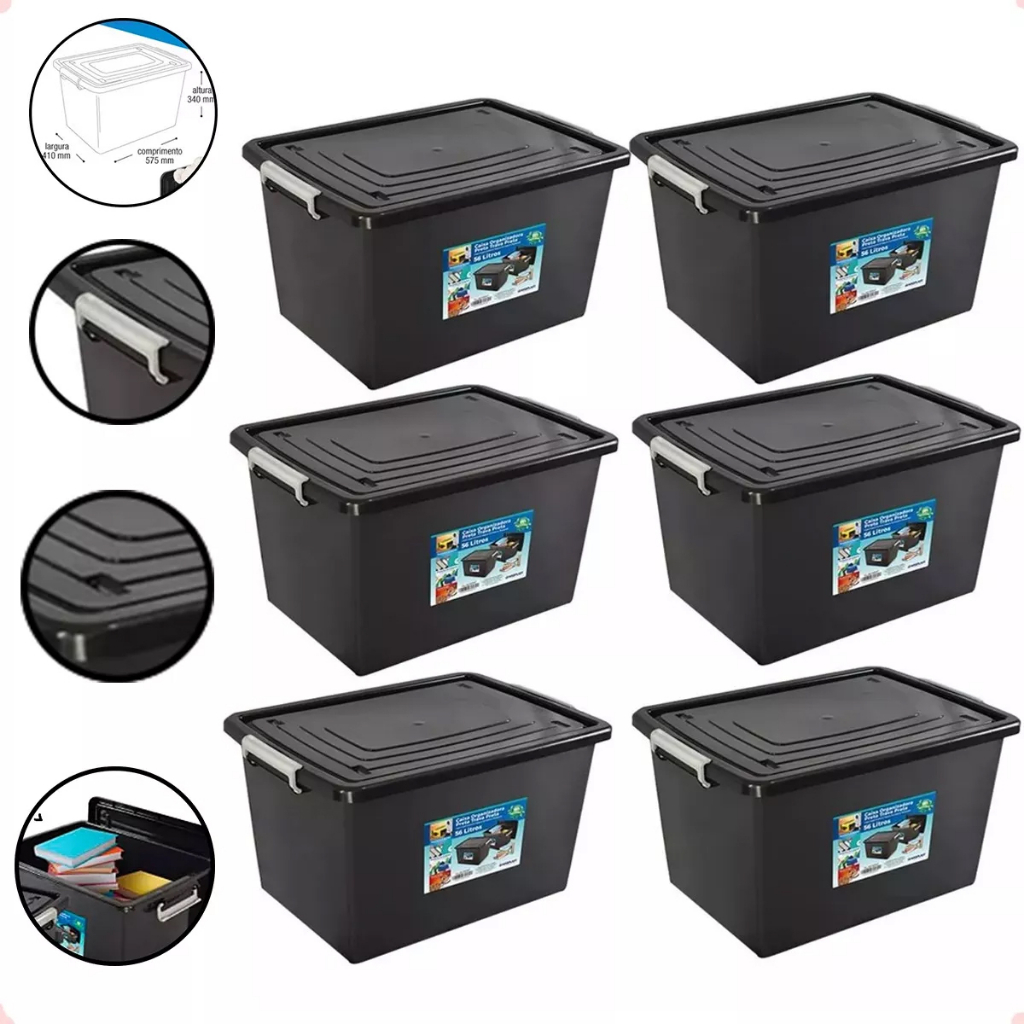 Kit Com 6 Caixas Organizadoras com Tampa e Trava 56 Litros Grande Resistente