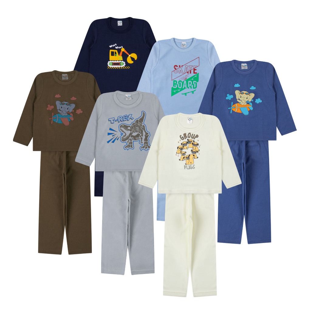 Kit 6 Peças Plush Bebê ao Juvenil - Conjunto Pijama Inverno Menino Peluciado Tam 2 a 16