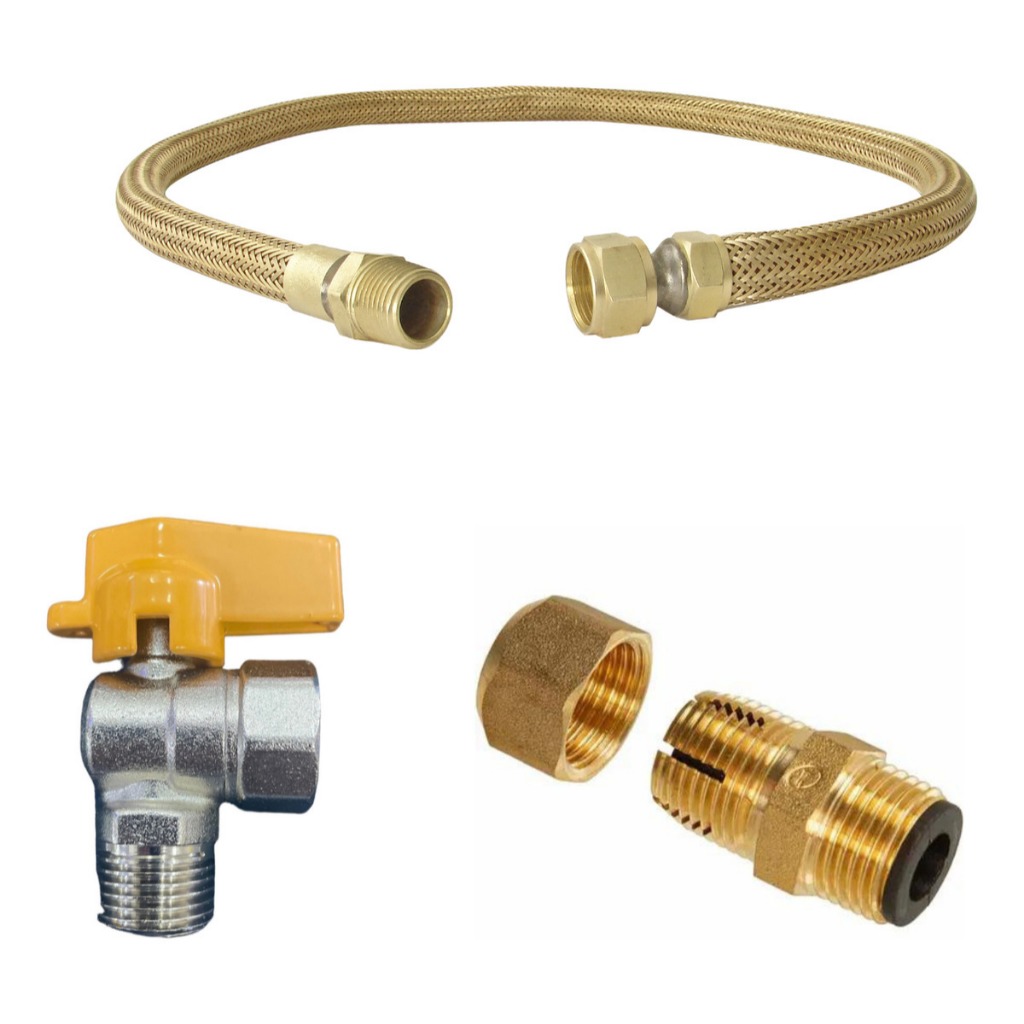 Kit Instalação Gás Cooktop Mangueira 60cm + Registro Macho x Fêmea + Adaptador Dako Macho GLP/GN Gás