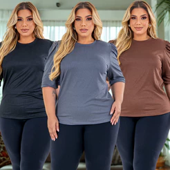 Blusa Canelada Plus Size Feminina Manga Bufante Elegante Moda Casual Confortável Gola Redonda
