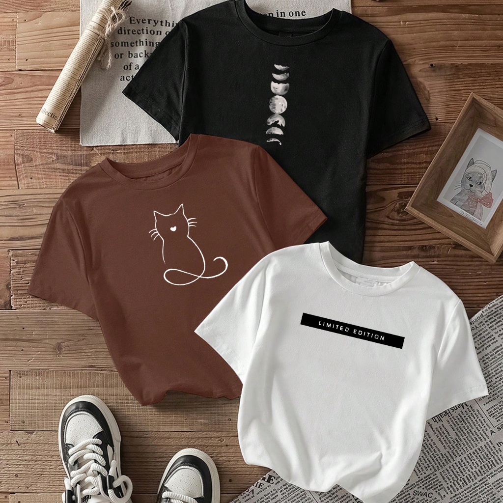 Detalhes do kit3 Camisetas feminina de algodão Stitch Mikey flores, marrom off white malha premium T-Shirts