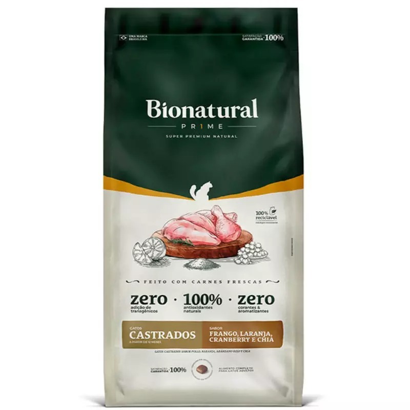 Ração Bionatural Prime Gatos Adultos Castrados Frango 7.5kg