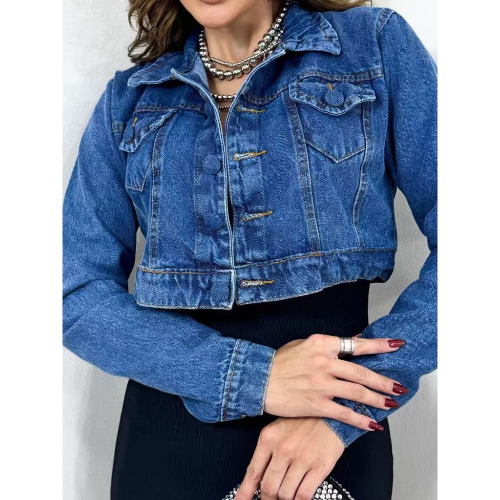 Jaqueta Cropped Jeans Feminina lavagem escura