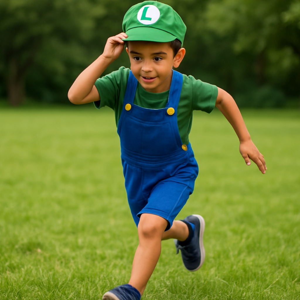Fantasia Infantil Luigi & Super Mario Bros Manga Curta Com + Boina Chapeu Completo Cosplay Game