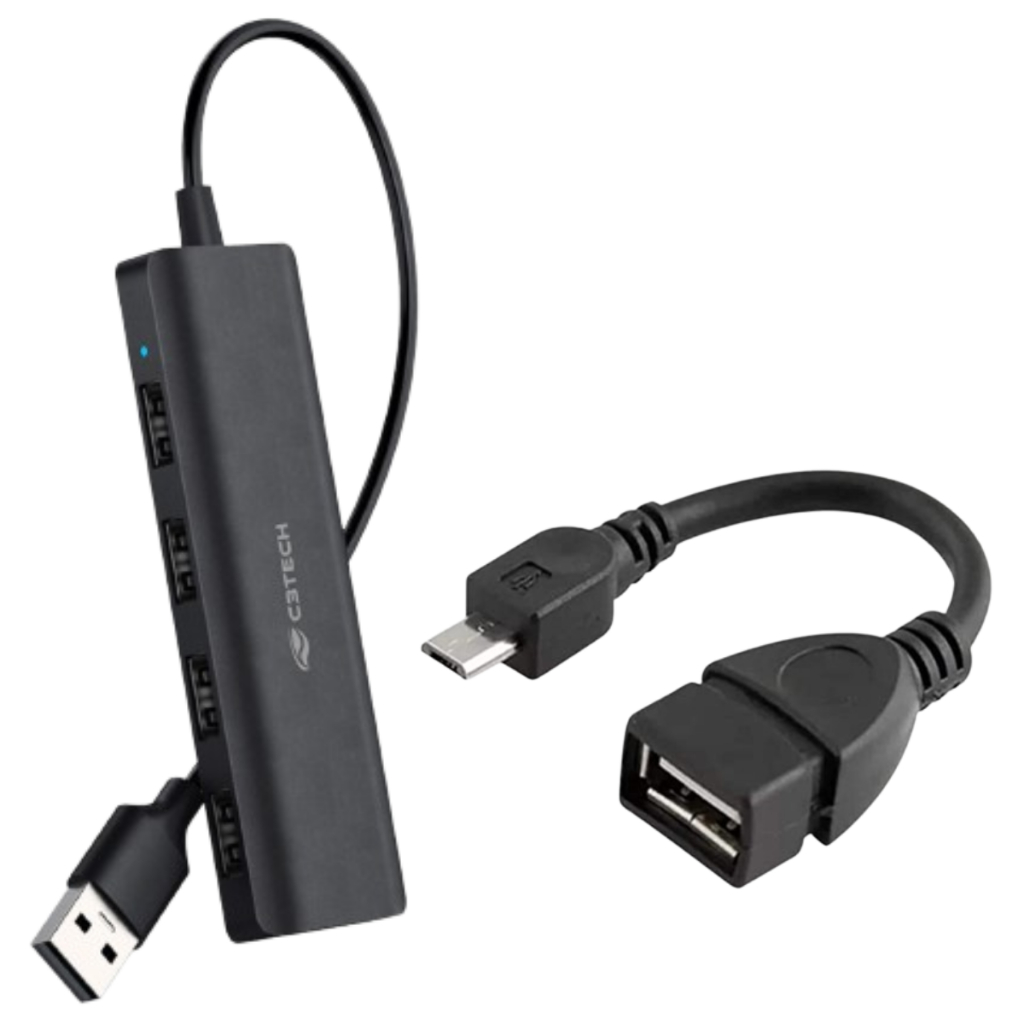 Hub USB 4 Portas 2.0 Led Indicador + Cabo OTG Micro USB V8 para Smartphone