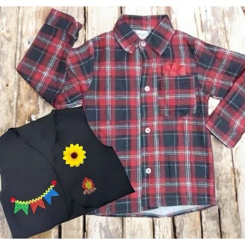 Roupa Caipira Menino De Festa Junina Camisa Manga Longa Xadrez C/ Colete Girassol Junino
