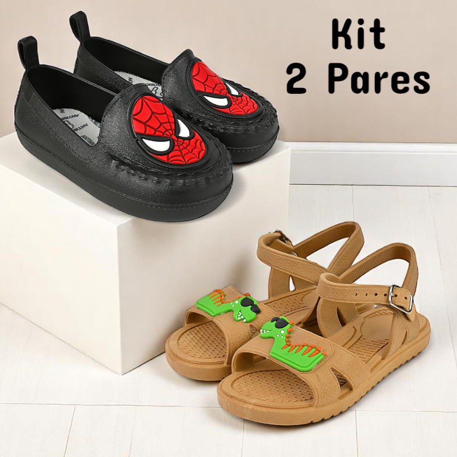 Kit 2 Pares Sandália Infantil Menino e Sapato Mocassim Flexível Macio Injetado