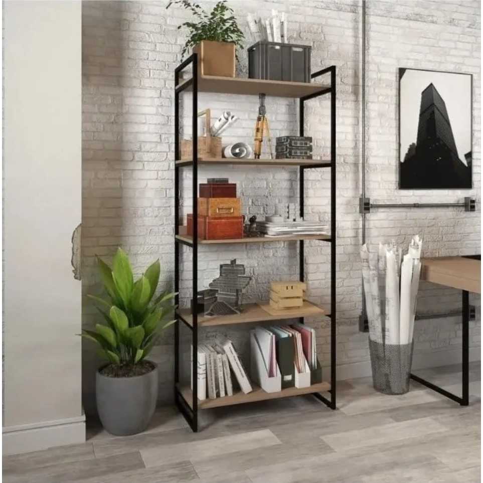 Prateleira de ferro e madeira estilo industrial sala quarto cor marrom e preto