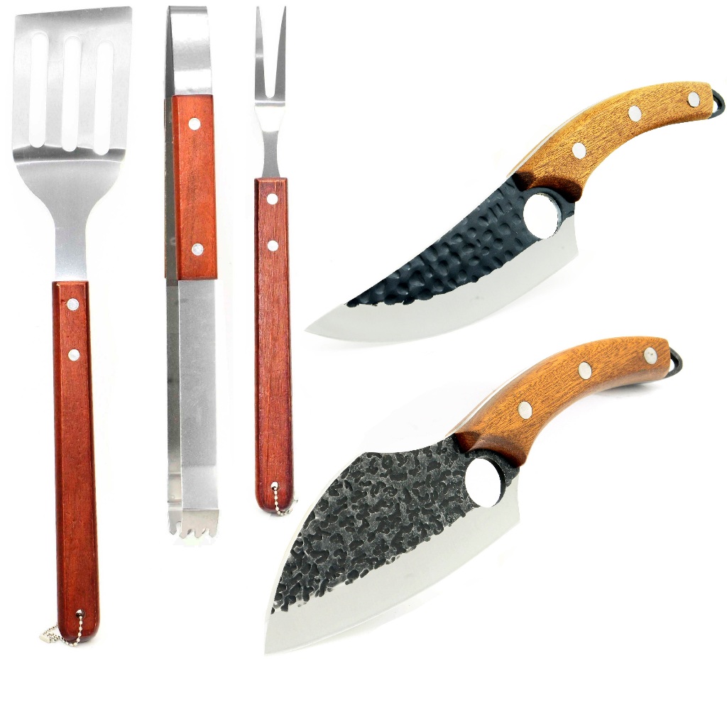 Kit 5 Peças Para  Churrasco Profissional Inox Chef Gourmet Utensílios JPW-1+ Faca MSD-1+Faca MSD-2