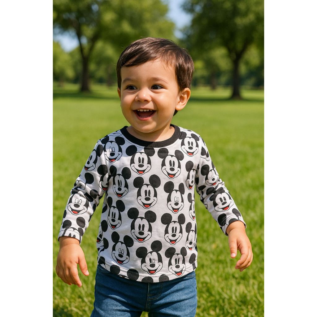 Blusa infantil masculina de manga longa com estampa divertida e moderna do personagem Mickey