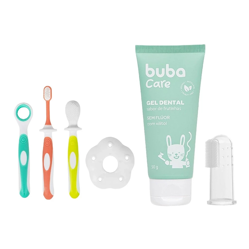 Kit Higiene Bucal + Gel Dental Infantil Sem Flúor 50g Com Escova Massageadora Buba