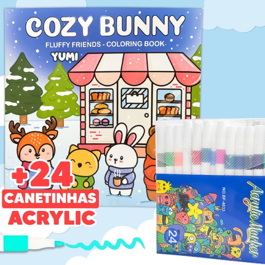 Kit Livro de Colorir Comfy Cozy Bunny + Canetinhas Colorir Marcadores 24 Cores Acrílica Profissional