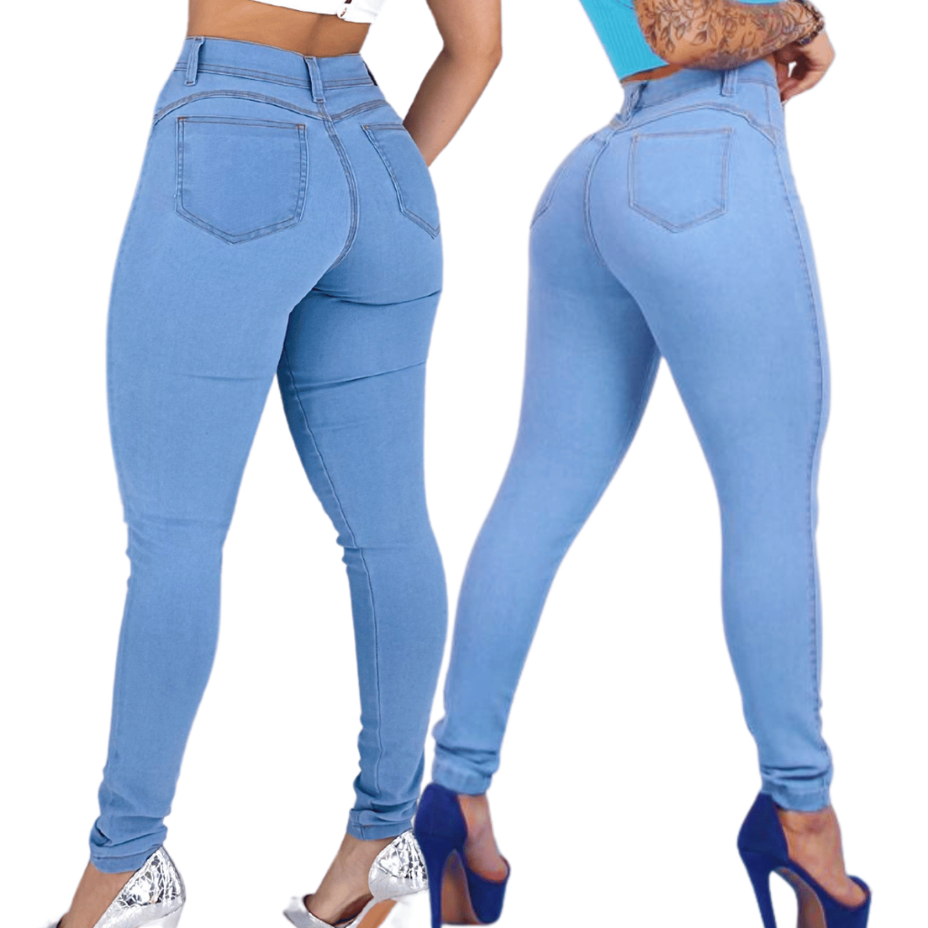 Calça Jeans Feminina Clara Crytal Cintura Alta Com Lycra Elastano Moda Empina Bumbum Lavagem Premium