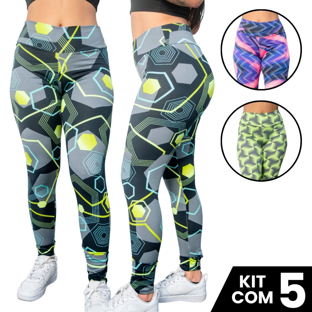kIT 5 Calças Legging Suplex Estampada Fitness Academia Ginástica Crossfit Zero Transparência