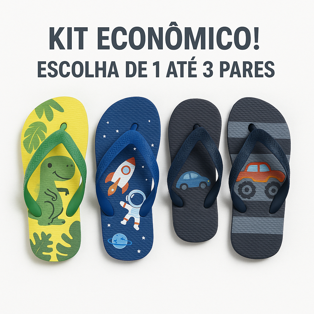 Kit 3 Pares Chinelo Infantil Menino com Estampas Divertidas Leve e Confortável em Oferta na Shopee
