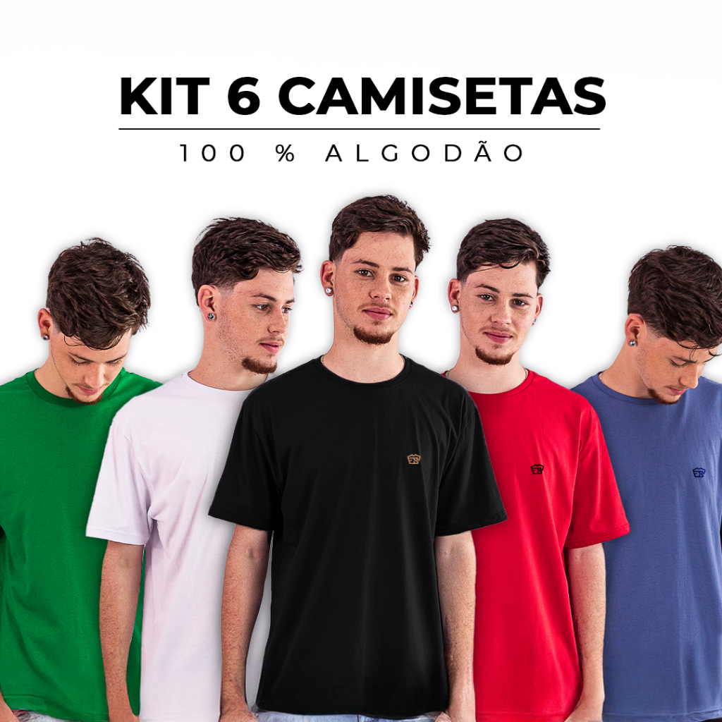 Kit 6 Camisetas Básicas Masculina 100% Algodão Termocolante Reforço Ombro a Ombro