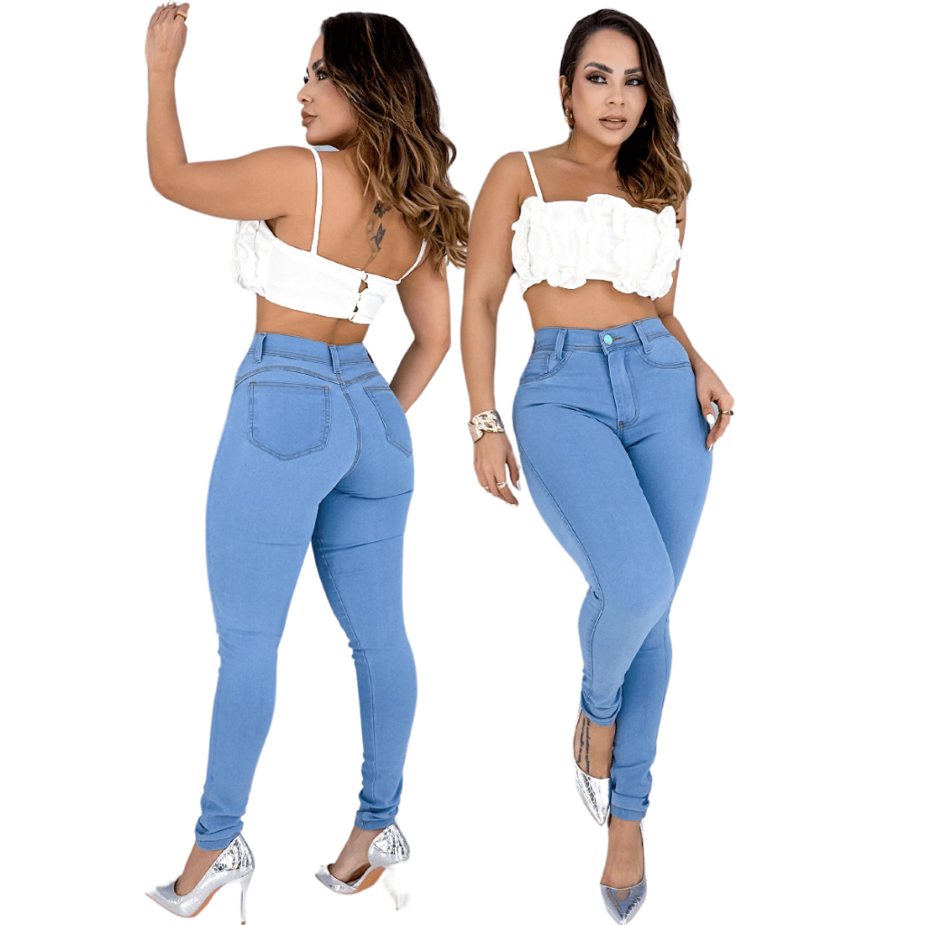 Calça Jeans Feminina Empina Bumbum Clara Crytal Moda Cintura Alta Com Lycra Elastano Lavagem Premium
