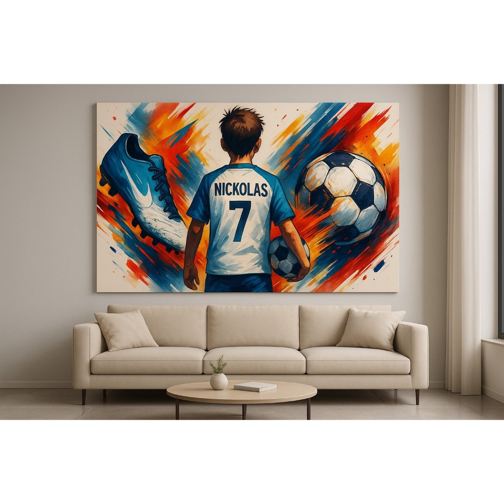 Quadro Decorativo Futebol Infantil Personalizado - Arte Colorida com Nome e Camisa de Jogador