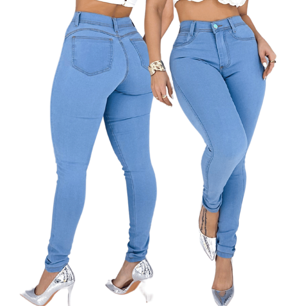 Calça Jeans Feminina Clara Cintura Alta Com Lycra Elastano Moda Empina Bumbum Lavagem Premium