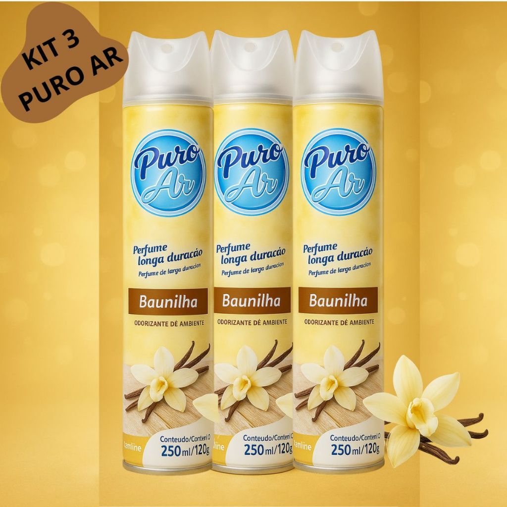 Kit 3 Aromatizador de Ambiente Puro Ar Vanilla 250ml Cada Home Spray Baunilha Para Casa Sa...