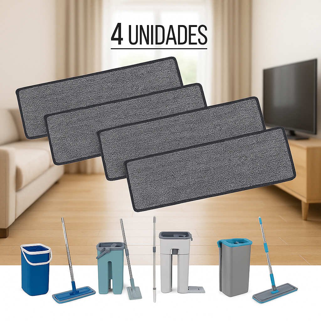 Kit Refil Flat Mop 4/2 Unidades Pano Esfregão Vassoura Mágica Rodo Microfibra Reutilizável lavavel