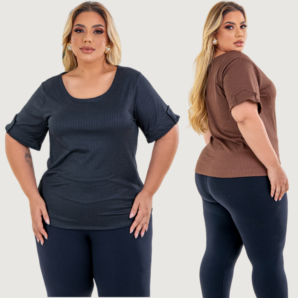 Blusa Canelada Feminina Plus Size Gola Redonda Manga com Lapela Confortável Elegante e Estilosa