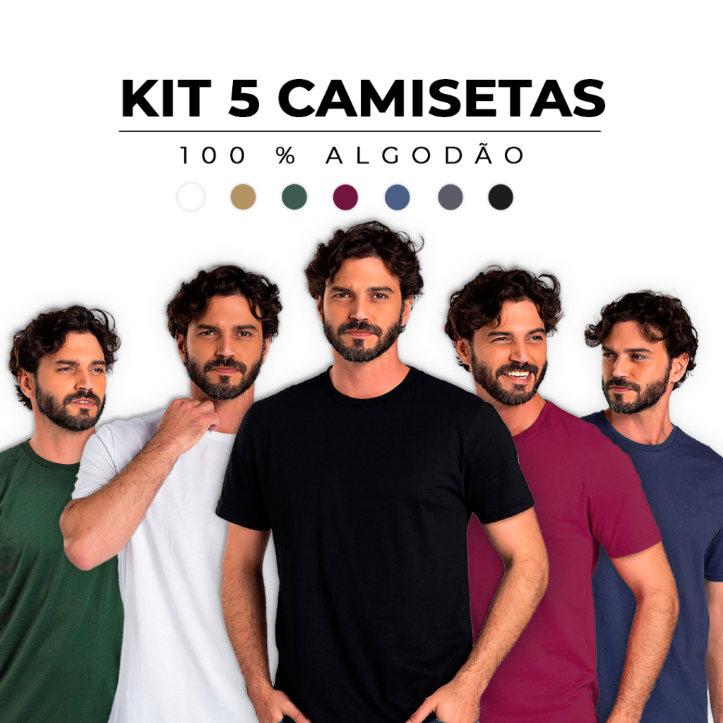 Kit 5 Camisetas Básicas Masculina 100% Algodão Cores Tendência Reforço Ombro a Ombro em Oferta na Shopee