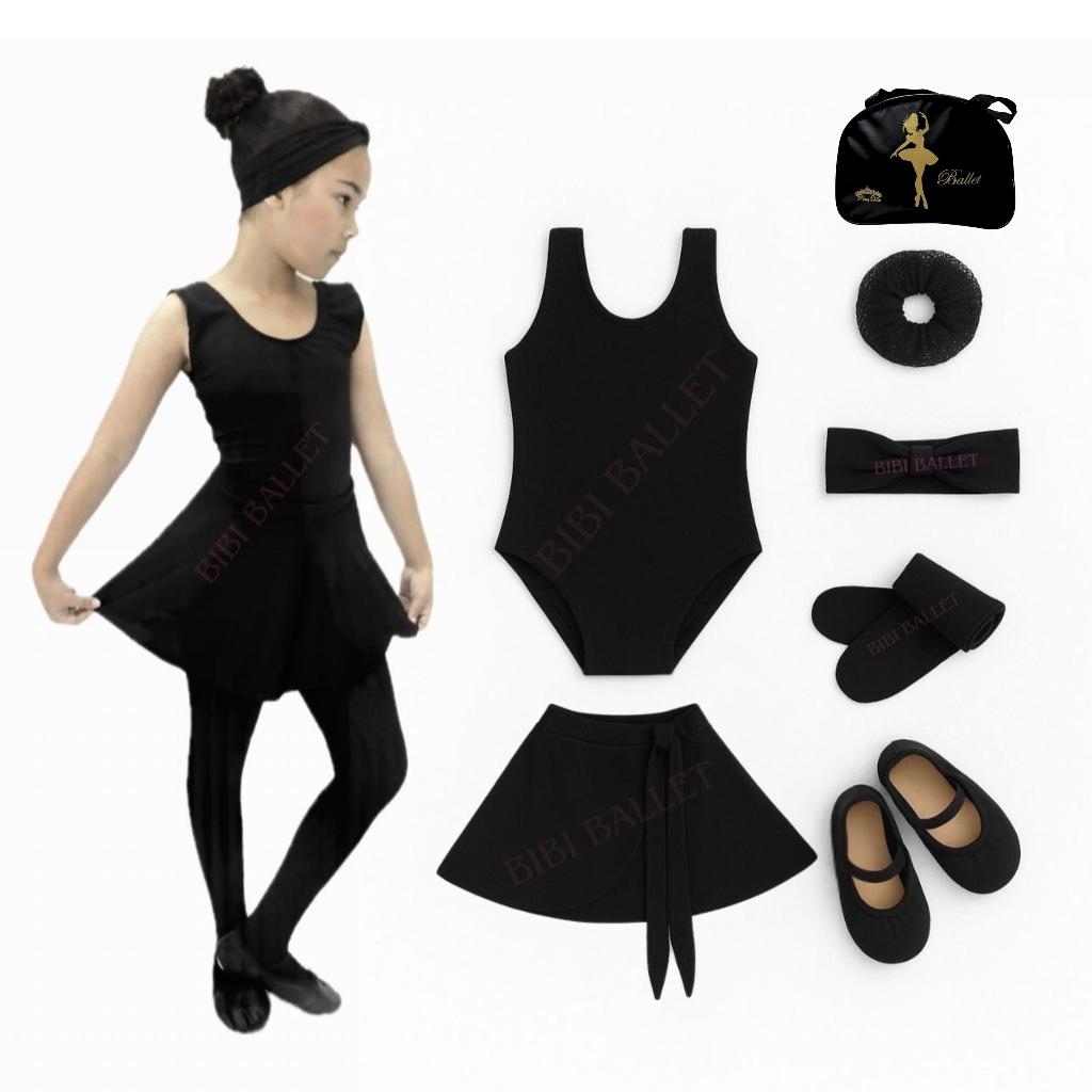 Kit Ballet 7 Itens / Uniforme para dança completo *COM BOLSA* (Collant Regata e Saia de Transpassar) - PRETO