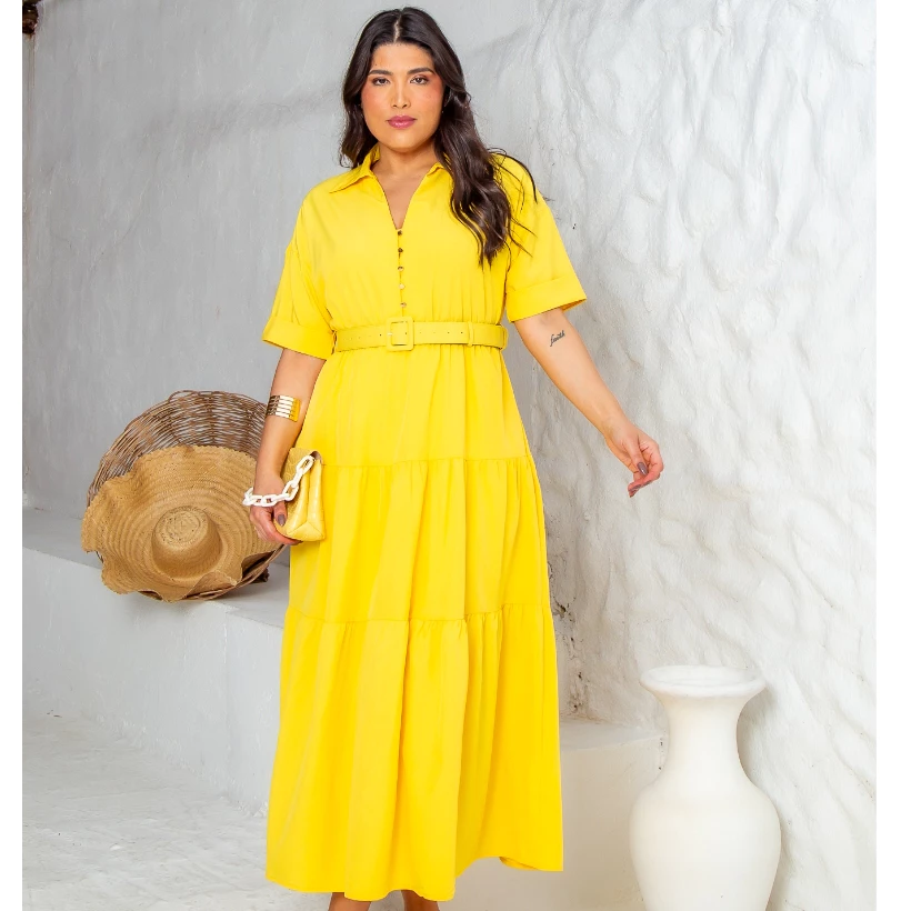 Vestido Plus Size Midi Feminino Manga Curta com Cinto Saia Evasê Crepe Forrado Elegante — imagem 1